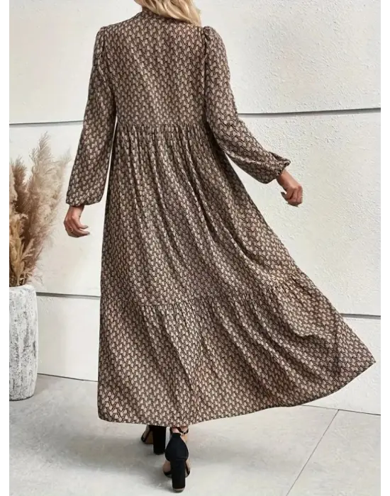 Kadın Uzun Kollu Hakim Yakalı Düğmeli Kemersiz Desenli Maxi Süprem Elbise