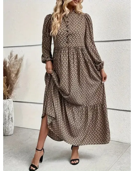Kadın Uzun Kollu Hakim Yakalı Düğmeli Kemersiz Desenli Maxi Süprem Elbise