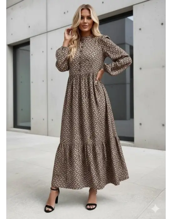 Kadın Uzun Kollu Hakim Yakalı Düğmeli Kemersiz Desenli Maxi Süprem Elbise