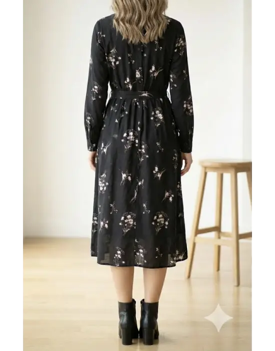 Kadın Uzun Kollu Hakim Yakalı Düğmeli Kuşaklı Desenli Maxi Mikro Süprem Elbise