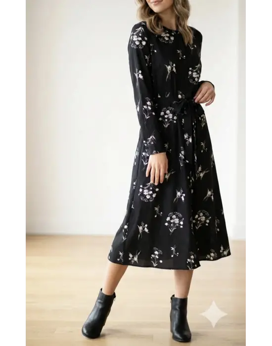 Kadın Uzun Kollu Hakim Yakalı Düğmeli Kuşaklı Desenli Maxi Mikro Süprem Elbise