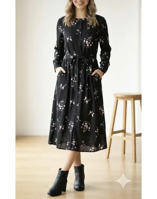 Kadın Uzun Kollu Hakim Yakalı Düğmeli Kuşaklı Desenli Maxi Mikro Süprem Elbise