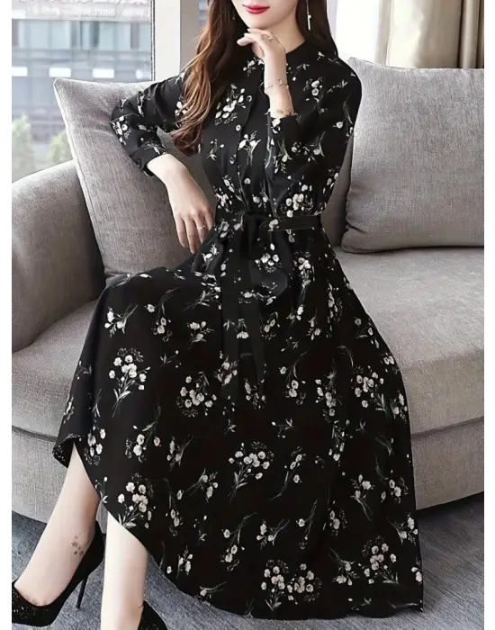 Kadın Uzun Kollu Hakim Yakalı Düğmeli Kuşaklı Desenli Maxi Mikro Süprem Elbise