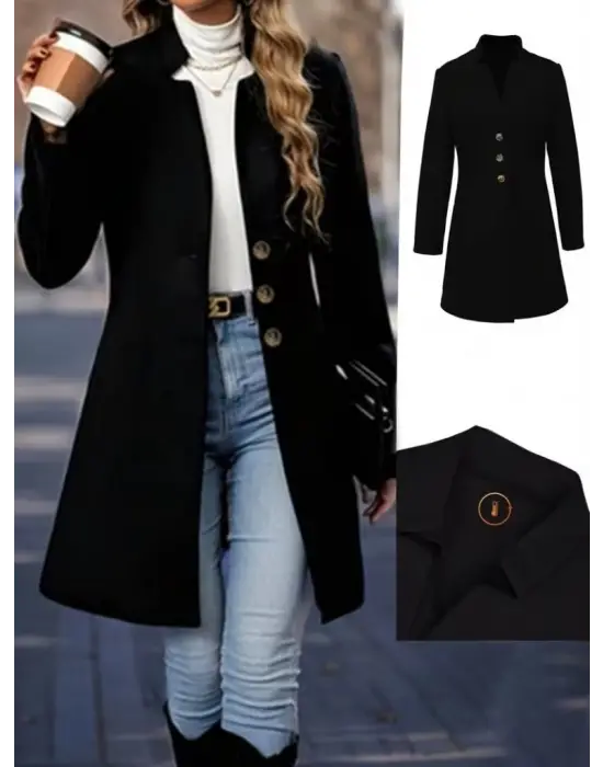 Kadın Uzun Kollu Hakim Yakalı önden Düğmeli Ithal Kaşe Astarsız Kısa Kaban