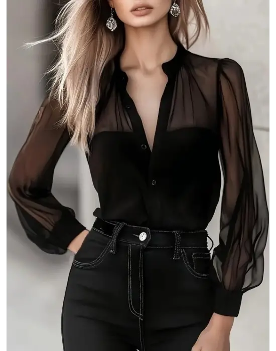 Kadın Uzun Kollu Hakim Yakalı önden Düğmeli Tül Detaylı Trikoton Gömlek