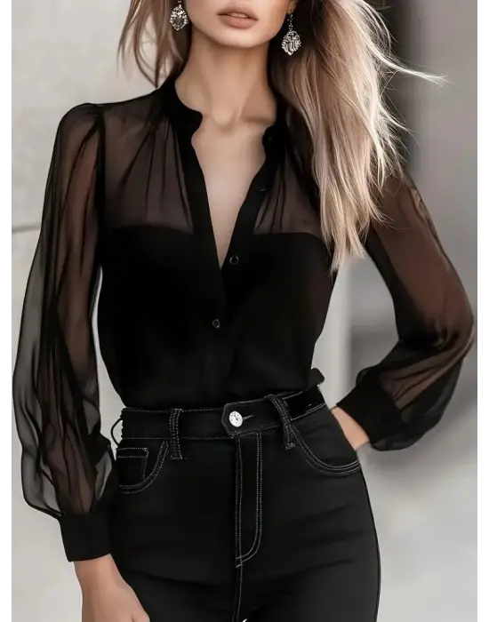 Kadın Uzun Kollu Hakim Yakalı önden Düğmeli Tül Detaylı Trikoton Gömlek