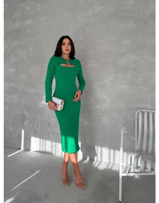 Kadın Uzun Kollu Halka Ve Pencere Dekolte Detay Fırsat ürün Midi Boy Elbise