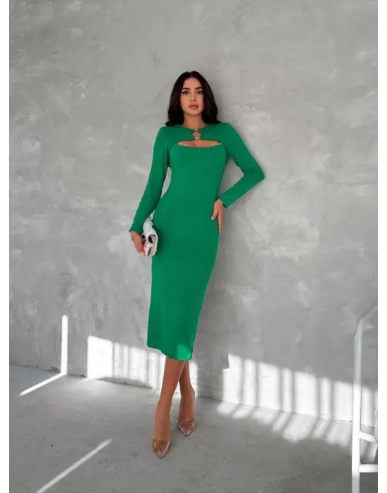 Kadın Uzun Kollu Halka Ve Pencere Dekolte Detay Fırsat ürün Midi Boy Elbise