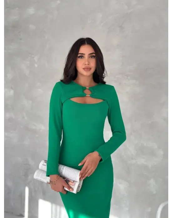 Kadın Uzun Kollu Halka Ve Pencere Dekolte Detay Fırsat ürün Midi Boy Elbise