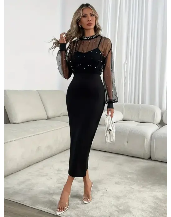 İddialı Halka Yaka Tül İnci Detaylı Elbise