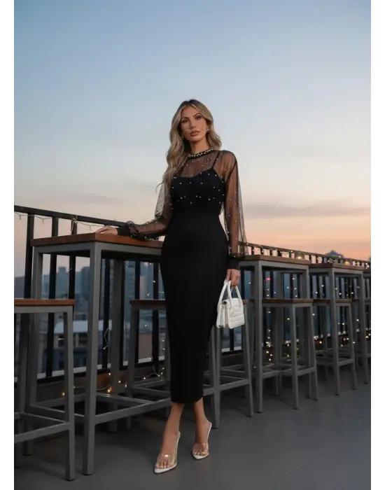 Kadın Uzun Kollu Halka Yaka Tül Inci Detaylı Uzun Ithal Krep Elbise