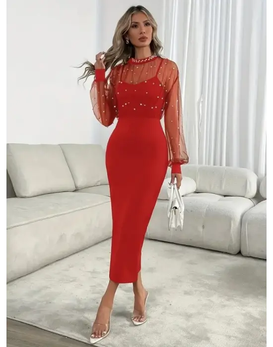 Kadın Uzun Kollu Halka Yaka Tül Inci Detaylı Uzun Ithal Krep Elbise