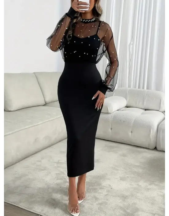 İddialı Halka Yaka Tül İnci Detaylı Elbise