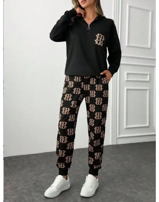 Kadın Uzun Kollu Iki Iplik Kumaş Fermuar Ve Cep Detay Kapüşonlu Ikili Takım