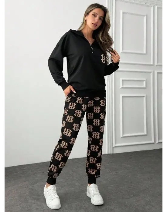 Kadın Uzun Kollu Iki Iplik Kumaş Fermuar Ve Cep Detay Kapüşonlu Ikili Takım