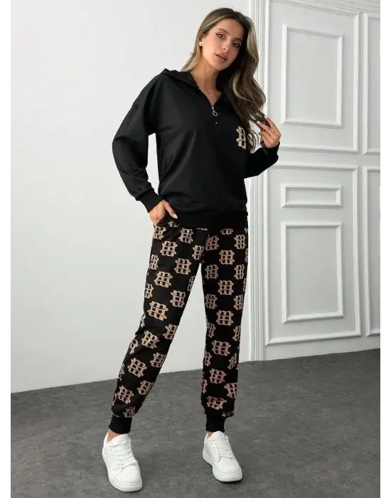 Kadın Uzun Kollu Iki Iplik Kumaş Fermuar Ve Cep Detay Kapüşonlu Ikili Takım