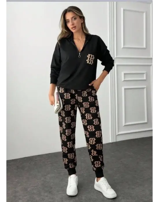 Kadın Uzun Kollu Iki Iplik Kumaş Fermuar Ve Cep Detay Kapüşonlu Ikili Takım