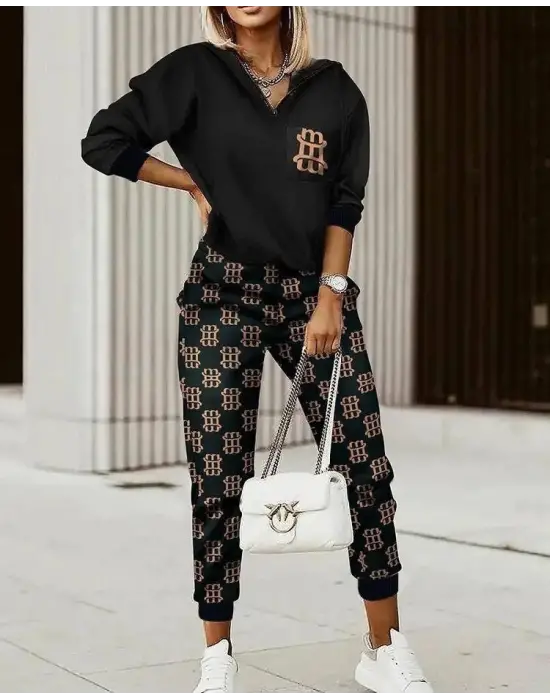 Kadın Uzun Kollu Iki Iplik Kumaş Fermuar Ve Cep Detay Kapüşonlu Ikili Takım