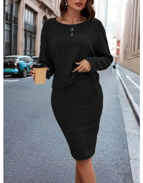 Kadın Uzun Kollu Iki Yanı Açık Yaka Detaylı Bluz Ve Etek şardonlu Kaşkorse Ikili Takım