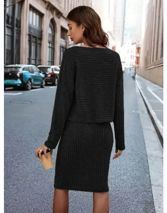 Kadın Uzun Kollu Iki Yanı Açık Yaka Detaylı Bluz Ve Etek şardonlu Kaşkorse Ikili Takım