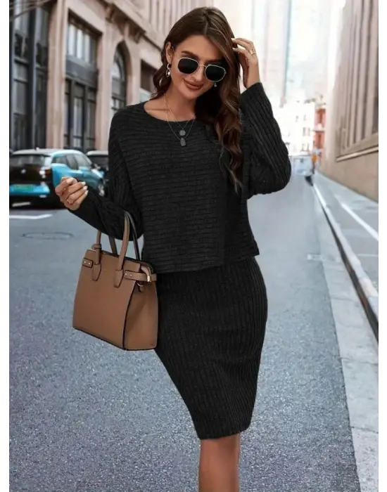 Kadın Uzun Kollu Iki Yanı Açık Yaka Detaylı Bluz Ve Etek şardonlu Kaşkorse Ikili Takım