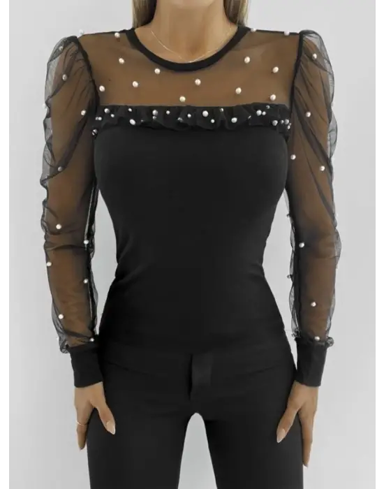Kadın Uzun Kollu Inci Detaylı Tüllü Viskon Bluz