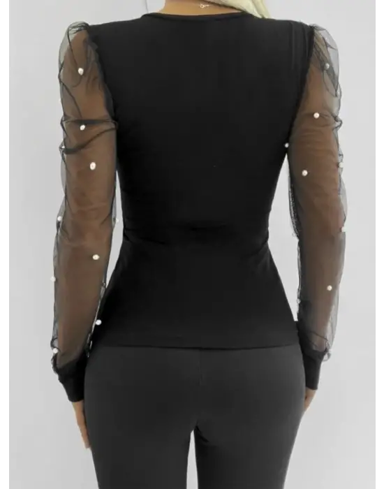 Kadın Uzun Kollu Inci Detaylı Tüllü Viskon Bluz