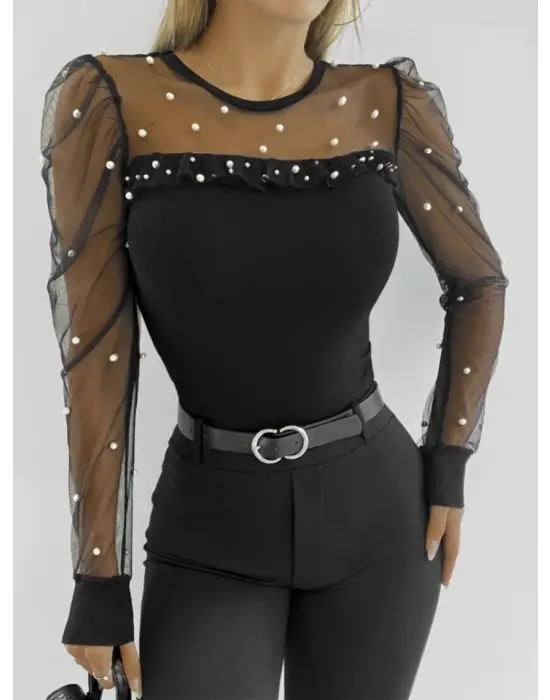 Kadın Uzun Kollu Inci Detaylı Tüllü Viskon Bluz