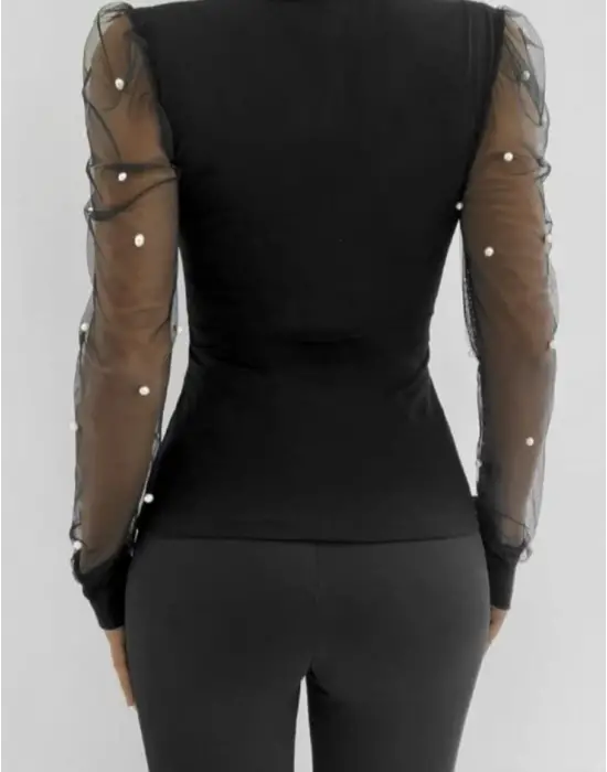 Kadın Uzun Kollu Inci Detaylı Tüllü Viskon Bluz