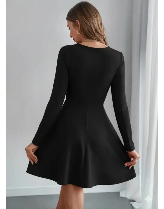 Kadın Uzun Kollu Inci Yakalı Kısa Ithal Krep Elbise