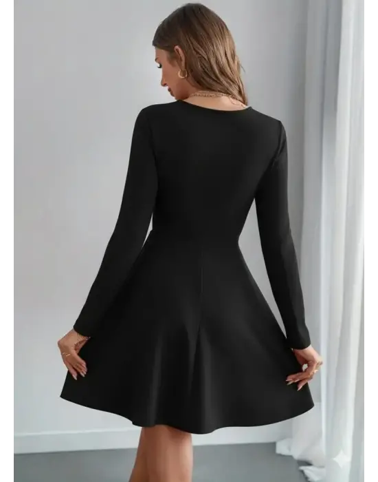 Kadın Uzun Kollu Inci Yakalı Kısa Ithal Krep Elbise