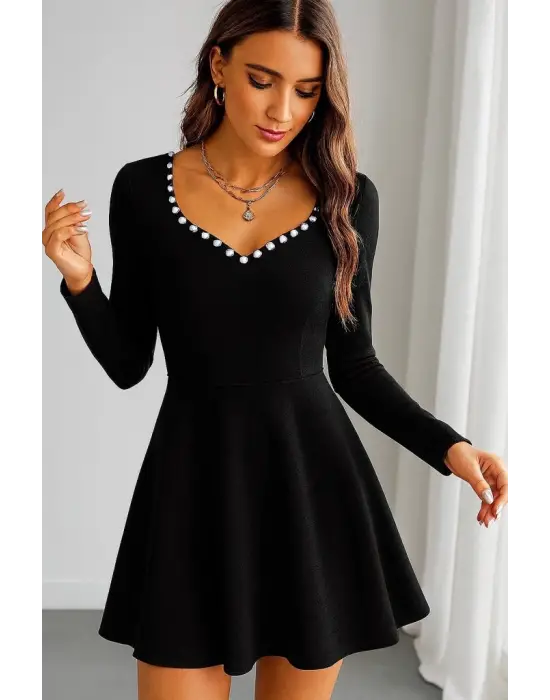 Kadın Uzun Kollu Inci Yakalı Kısa Ithal Krep Elbise