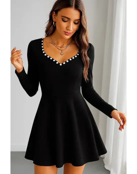 Kadın Uzun Kollu Inci Yakalı Kısa Ithal Krep Elbise