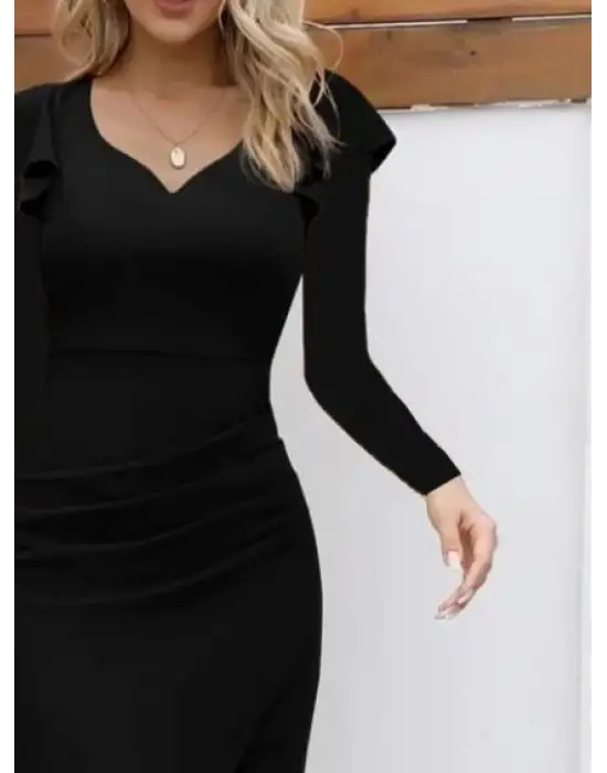 Kadın Uzun Kollu Kalp Yaka önden çapraz Detaylı Midi Ithal Krep Elbise