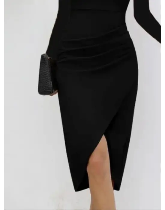 Kadın Uzun Kollu Kalp Yaka önden çapraz Detaylı Midi Ithal Krep Elbise