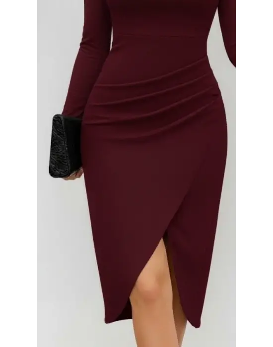 Kadın Uzun Kollu Kalp Yaka önden çapraz Detaylı Midi Ithal Krep Elbise
