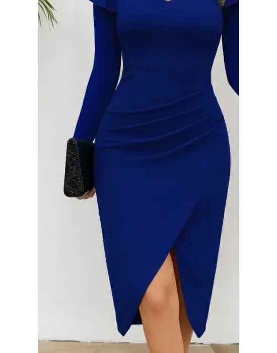 Kadın Uzun Kollu Kalp Yaka önden çapraz Detaylı Midi Ithal Krep Elbise