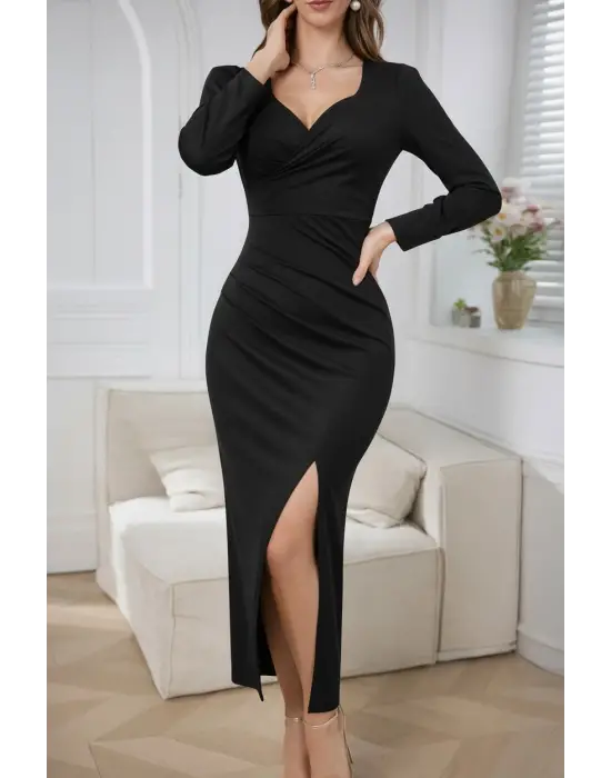 Kadın Uzun Kollu Kalp Yakalı Asimetrik Kesim Detaylı Ithal Krep Uzun Elbise