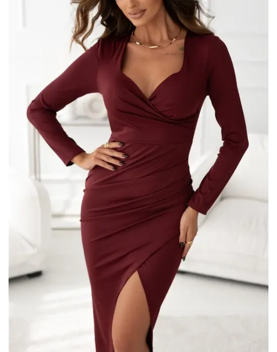 Kadın Uzun Kollu Kalp Yakalı Asimetrik Kesim Detaylı Ithal Krep Uzun Elbise