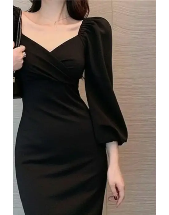 Kadın Uzun Kollu Kalp Yakalı Midi Ithal Krep Elbise