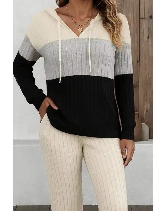 Kadın Uzun Kollu Kapşonlu Bağcıklı Blok Renkli şardonlu Kaşkorse Bluz Ve Pantolon Ikili Takım