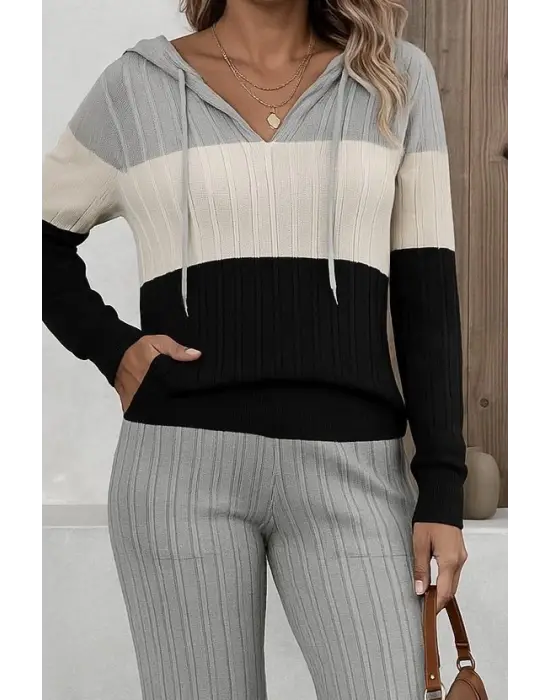 Kadın Uzun Kollu Kapşonlu Bağcıklı Blok Renkli şardonlu Kaşkorse Bluz Ve Pantolon Ikili Takım