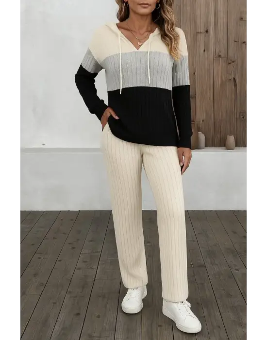 Kadın Uzun Kollu Kapşonlu Bağcıklı Blok Renkli şardonlu Kaşkorse Bluz Ve Pantolon Ikili Takım