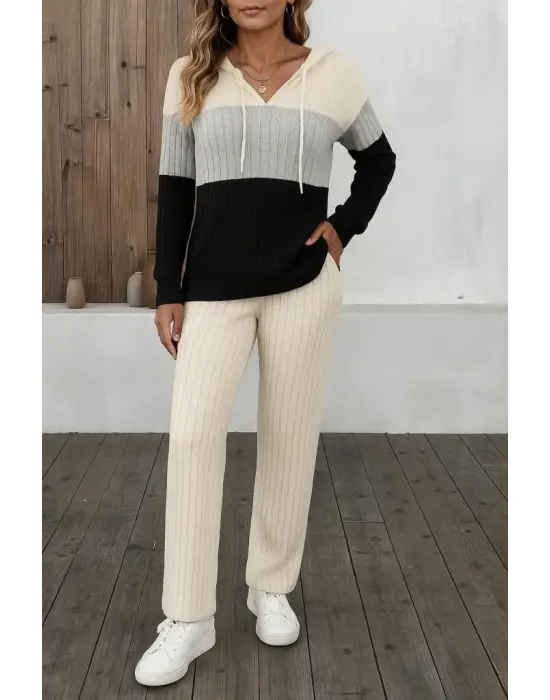 Kadın Uzun Kollu Kapşonlu Bağcıklı Blok Renkli şardonlu Kaşkorse Bluz Ve Pantolon Ikili Takım