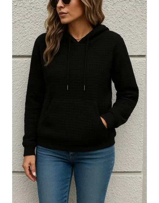 Kadın Uzun Kollu Kapşonlu Bağcıklı Cepli Capitone Sweatshirt