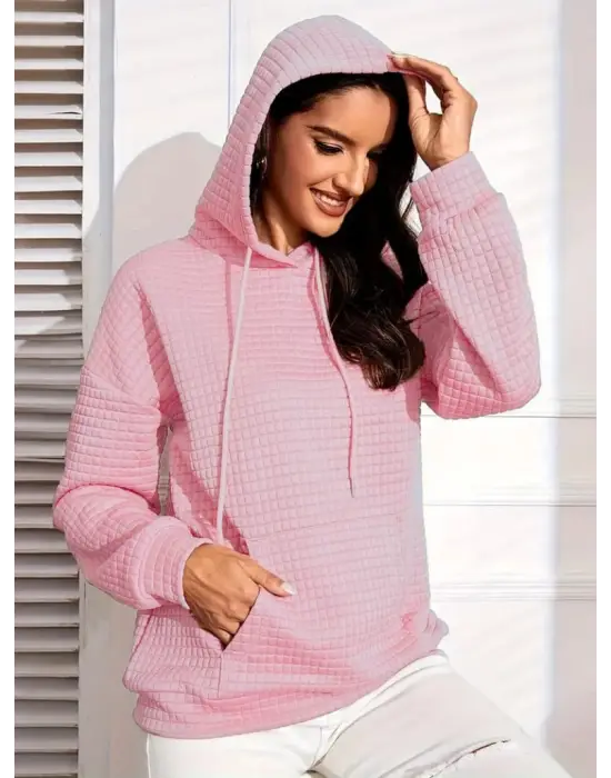 Kadın Uzun Kollu Kapşonlu Bağcıklı Cepli Capitone Sweatshirt