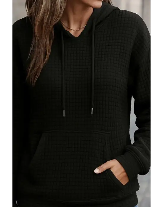 Kadın Uzun Kollu Kapşonlu Bağcıklı Cepli Capitone Sweatshirt