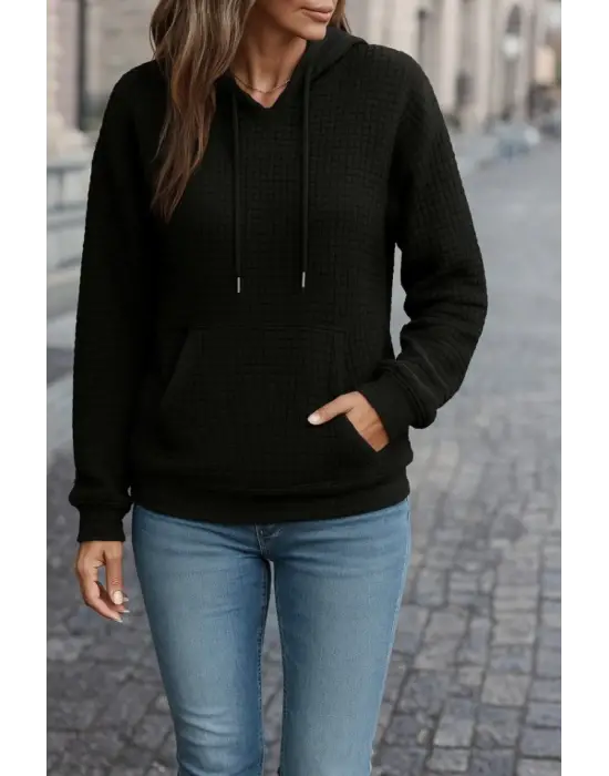 Kadın Uzun Kollu Kapşonlu Bağcıklı Cepli Capitone Sweatshirt