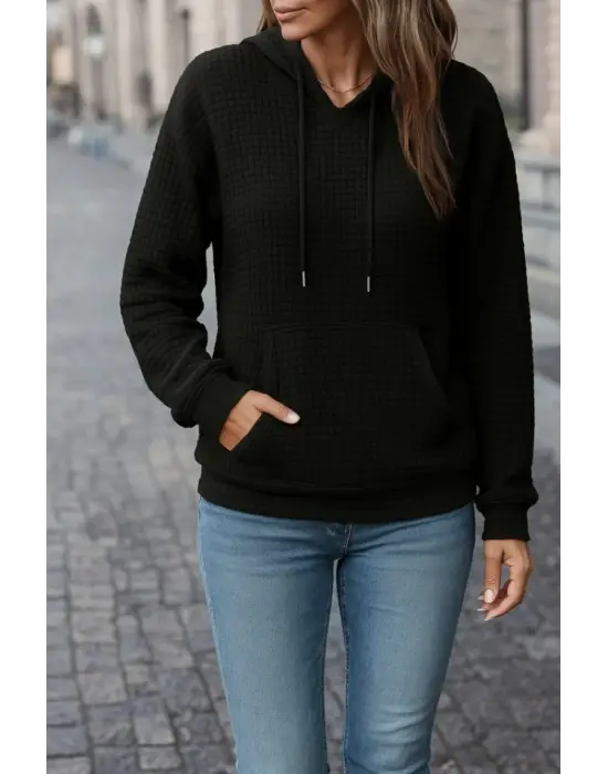 Kadın Uzun Kollu Kapşonlu Bağcıklı Cepli Capitone Sweatshirt