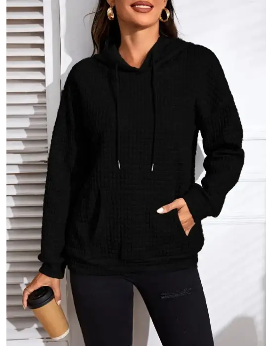 Kadın Uzun Kollu Kapşonlu Bağcıklı Cepli Capitone Sweatshirt